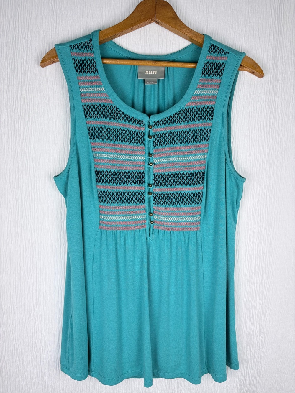 Maeve Teal Embroidered Tunic Top, Size Medium